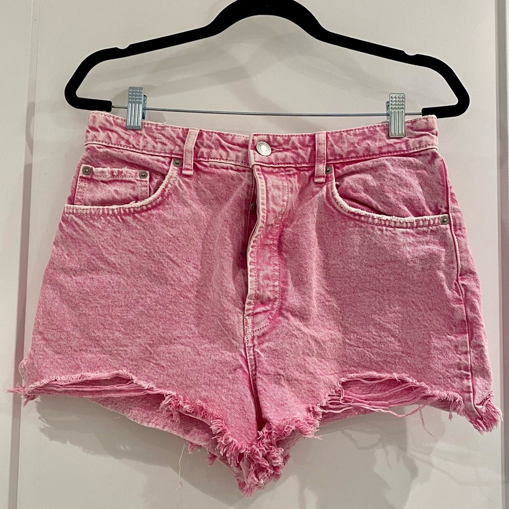 Zara Stonewashed High Waisted Distressed Pink Denim Women's Shorts